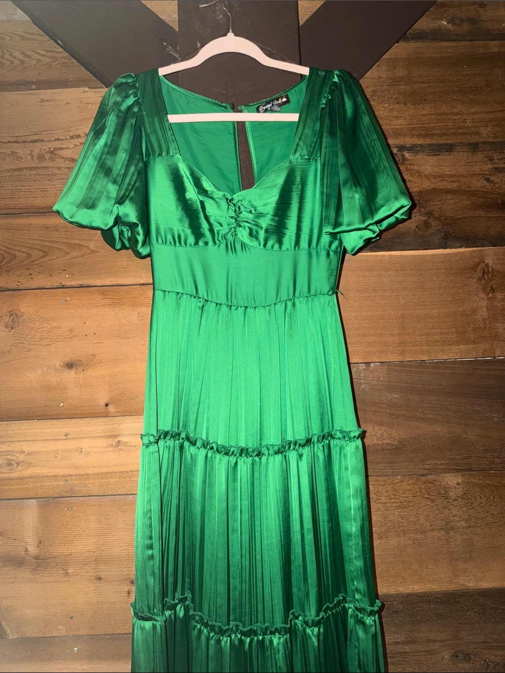 Crystal Doll Emerald Green Satin Tiered Maxi Dress